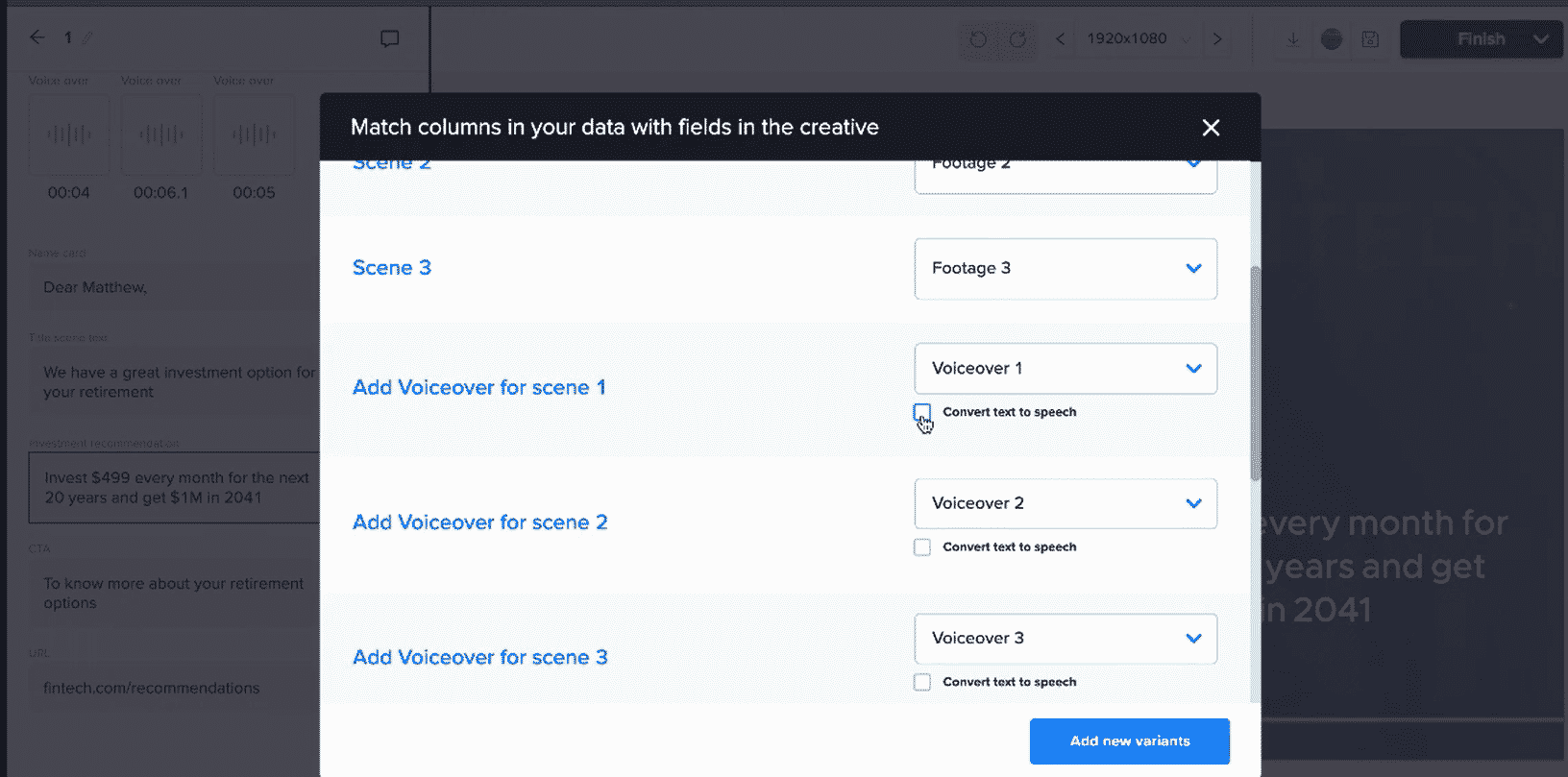 After feeding data to the spreadsheet, match columns in your data with fields in the creative